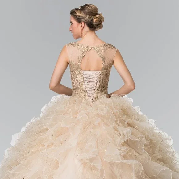 NEW LONG SLEEVELESS MESH BALL GOWN EMBROIDERED WITH RHINESTONES & LACE GL2208